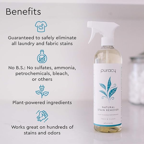 PURACY STAIN REMOVER SPRAY –THE TIKTOK LAUNDRY PRETREATER SPRAY FOR FRESH AND SET-IN CLOTHING STAINS ENZYME-BASED – NATURAL SPOT CLEANER – FREE & CLEAR 16OZ