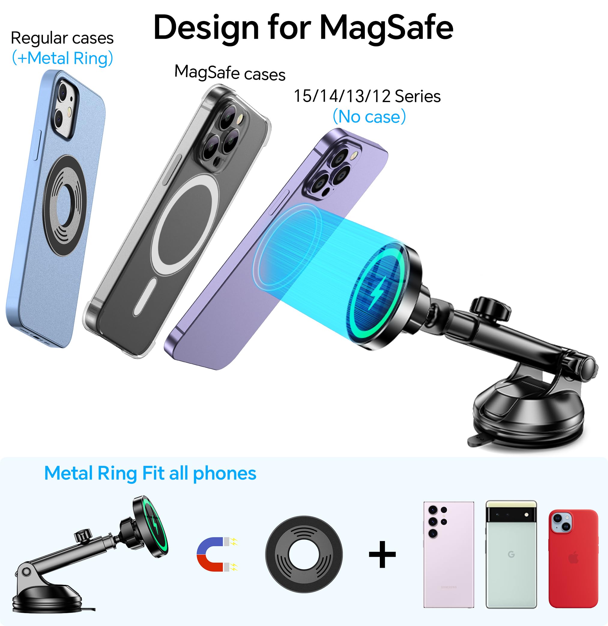 Coolpow for MagSafe Car Mount Charger【Ultra Magnet】Magnetic Phone Holders for Your Car Charger【Windshield+Vent+Dash】Magnetic Wireless Car Phone Holder Charger Car Mount for iPhone 17 Pro Max 16 15 14