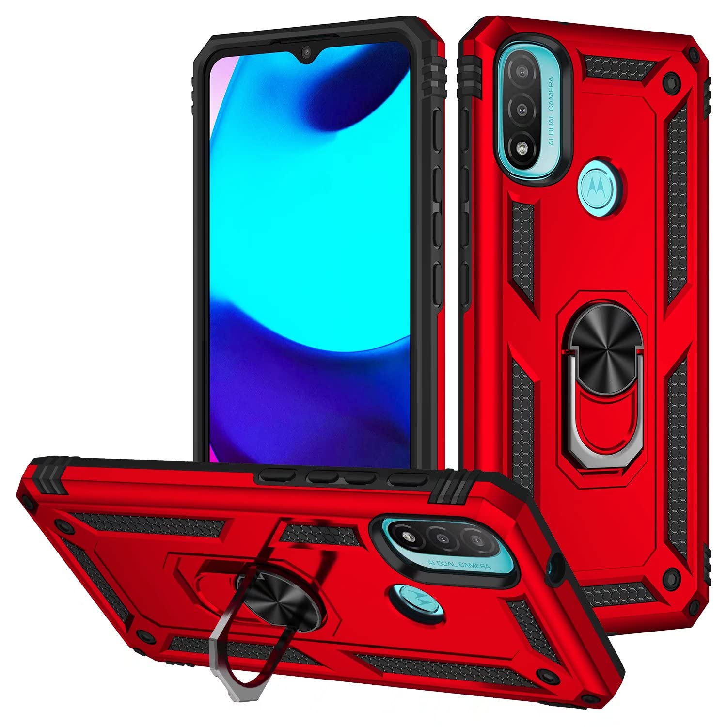 Dfjhure Motorola Moto E20 Case, Moto E40 Case, Moto E30 Phone Case with Ring Holder Military Grade Protective Silicone Shockproof Tough Armor Hard Phone Case Cover for Motorola Moto E20/E40/E30 Red — image 1