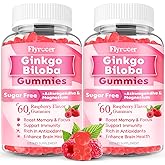 Flyrocer 2 Pack Ginkgo Biloba 300mg Gummies for Adults & Kids, Ginkgo Biloba Supplements for Focus, Memory, and Brain Health, Vegan, Sugar-Free, Raspberry Flavor, 120 Count