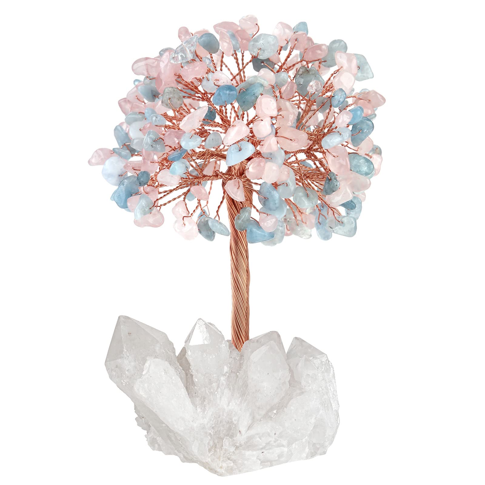 Nupuyai Aquamarine & Rose Quartz Crystal Money Tree with Rock Crystal Cluster Base, Good Luck Fengshui Figurine Spiritual Healing Stone Tree Ornament for Home Office Decor