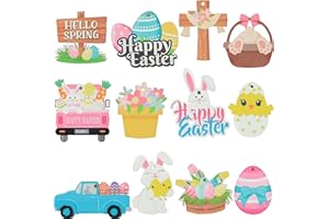 AIMATRUN Set of 12 Easter Ornaments and Decorations for Home, Hanging Retro Wooden Signs Decor, Church Easter Basket Essentials Stuffers Bunny Eggs, Spring Ornaments for Small Christmas Tree