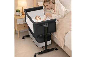 Baby Bassinet Bedside Sleeper - 3 in 1 Adjustable Height Bedside Bassinet with Breathable Mesh, Wheels & Storage Basket and B