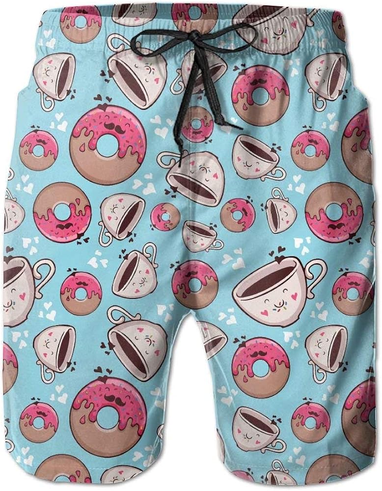 tyui7 Cute Coffee Donut Man Beach Shorts Summer Sea Board Swim Trunks
