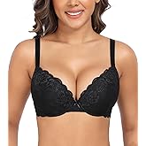 Lemorosy Women's Push Up Bra Underwire Padded Lace Brassiere Plunge V Sexy Floral Lacey Everyday Bra