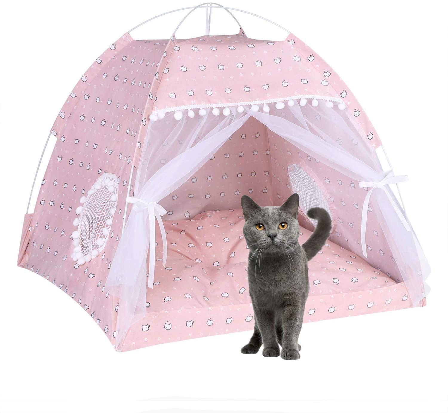 ITODA Pet Cat Tent Indoor Dog House Bed Pop Up Teepee Portable Folding Cat Small Dogs Puppy Playing Bed Safety Shelter Villa Nest with Soft Removable Cushion for Dog Cat Kitty Travel Camping