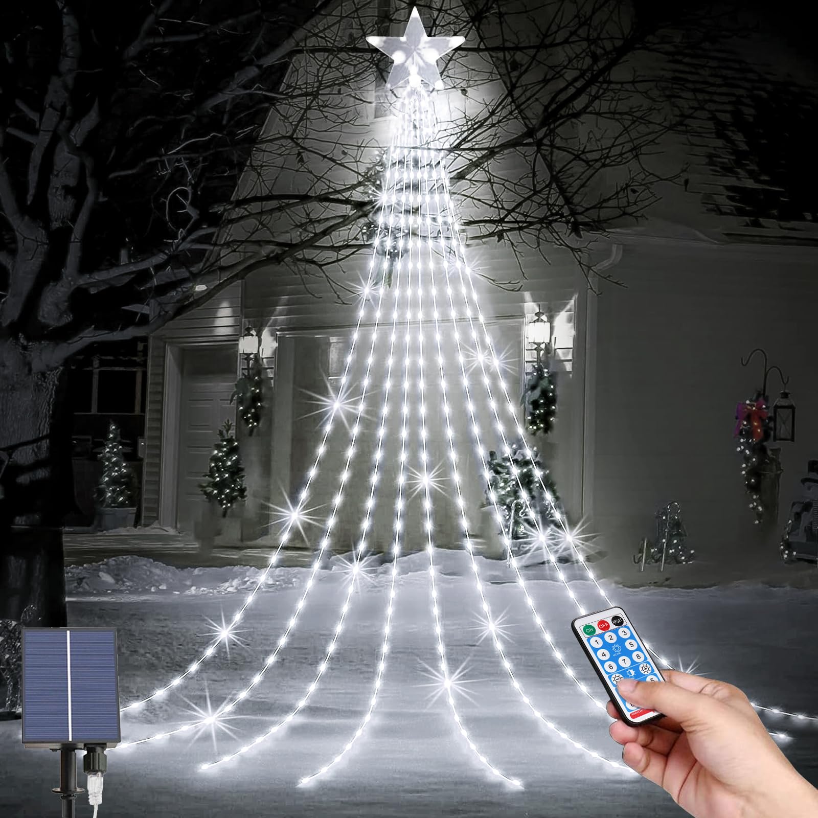 Christmas Decoration Star Lights, Solar Christmas Tree Lights with Star Topper, 9*6.56ft Waterproof 8 Modes LED Outdoor Christmas Tree Fairy Lights with Remote for XmasTree, Home, Party Decorations