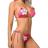 SHAPEBUS Tie Bikini Thong Bathing Suit Two Piece Swimsuit for Women Floral Triangle Bikini