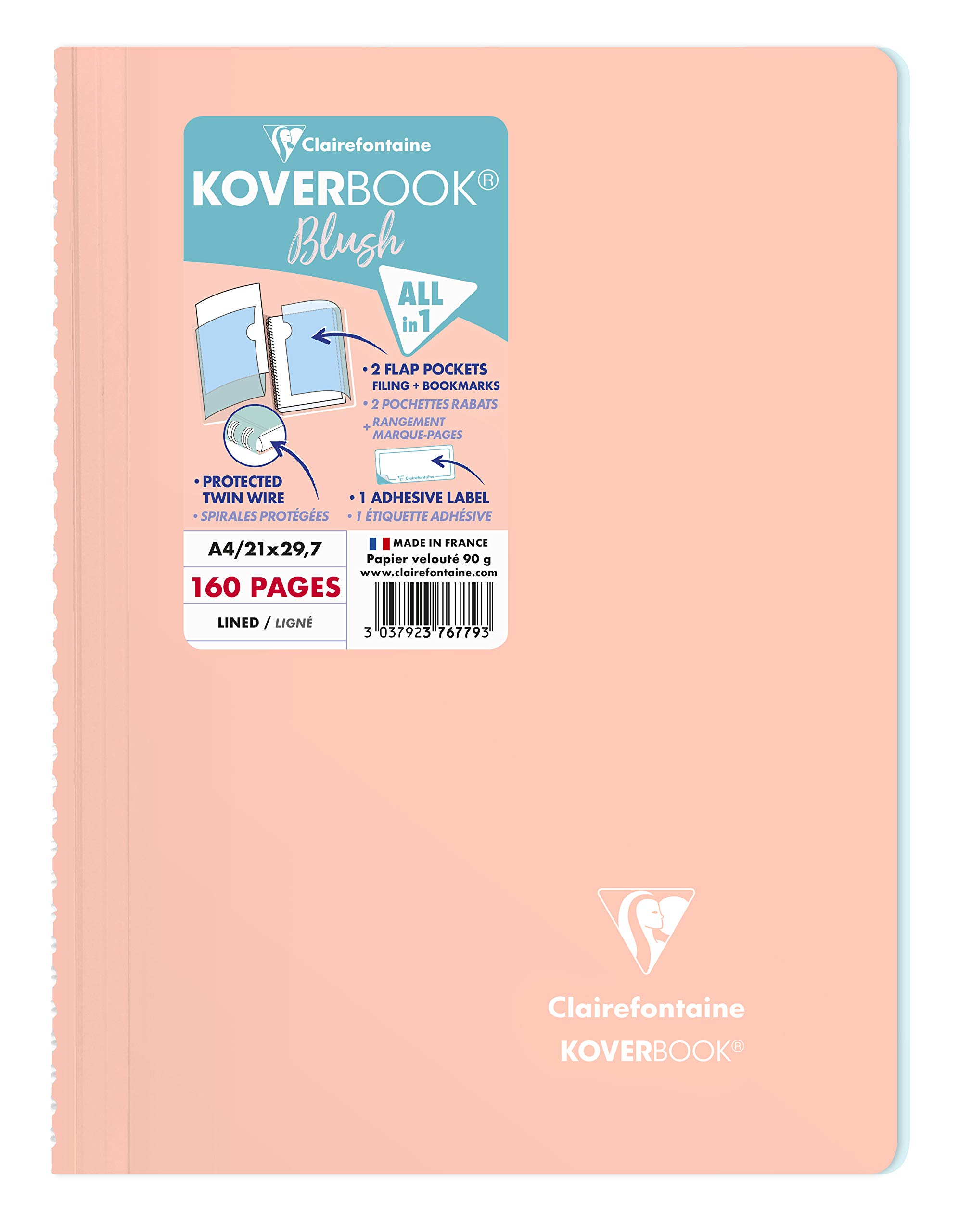 Clairefontaine 376779C - One Spiral Notebook Koverbook Blush Coral - Size: A4 21x29,7 cm - 160 Ruled Pages - White Paper 90 g - Polypro Wraparound Cover