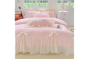 SOUKECHY Girls Lace Bedding,Pink Full Comforter Cover Set, Chic Ruffled Duvet Cover with Lovely Bow,Princess Style 1 Duvet Cover with 2 Pillowcases, No Comforter-Pink,Full Size