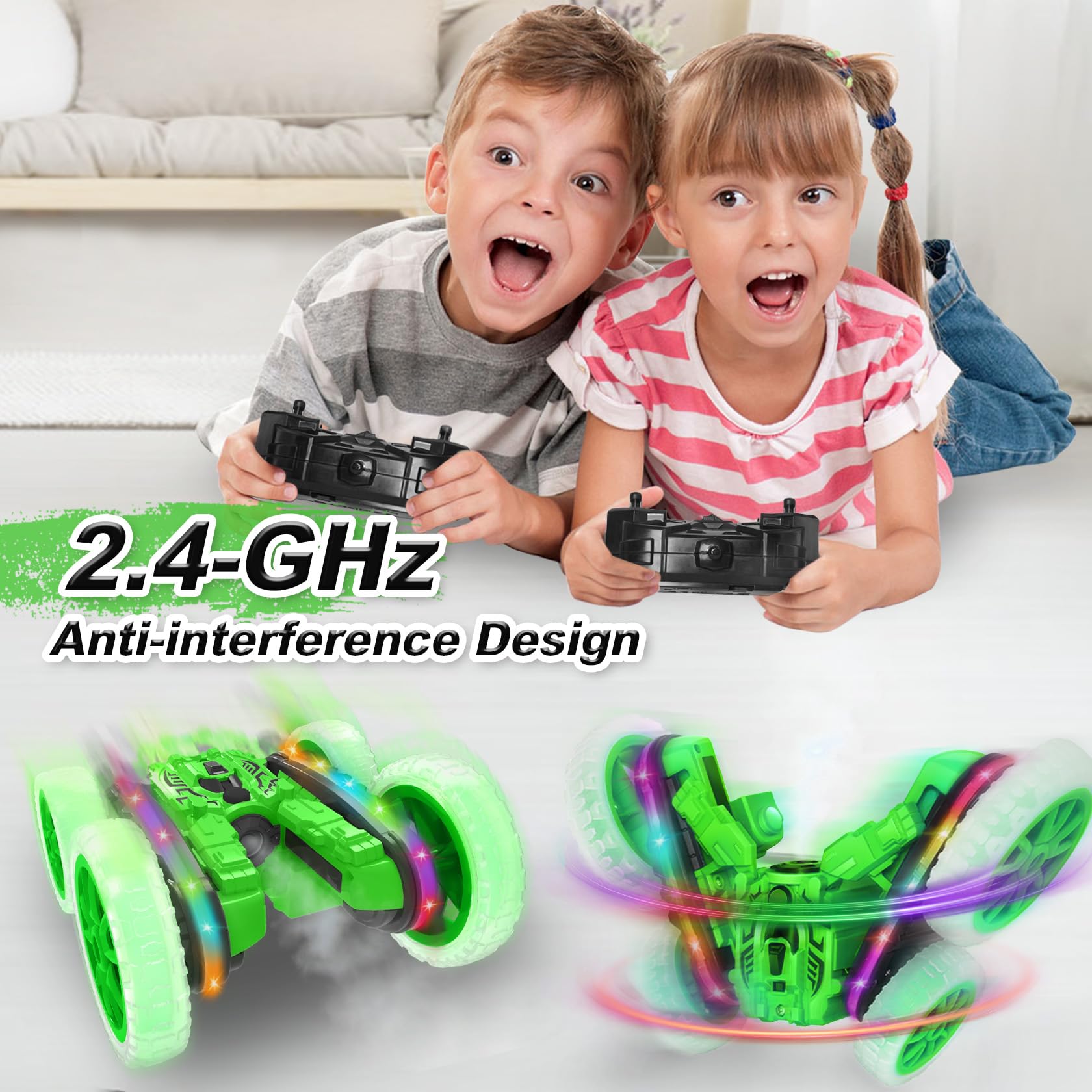 MidiVix Ferngesteuertes Auto, 360°rotierende 4WD RC Autos mit Seitenlichtern und Scheinwerfern, 2.4Ghz Doppelseitig RC Stunt Car mit Spray, RC Drift Spielzeugauto und Geschenke für Kinder (Grün) 3