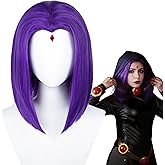 Half and Half Short Purple Anime Cosplay Wig Dark Purple Straight Bob Wigs + Red Gem + Wig Cap 14'' Synthetic Hair for Women Halloween Costumes Party