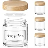 4 oz Small Glass Jars with Lids, Bumobum Clear Cosmetic Jars with Plastic Woodgrain Lids, 120ml Refillable Empty Containers for Cream, Salve, Powders and Lotion Storage, 4 Pack