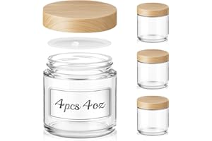 Bumobum 4 oz Small Glass Jars with Lids, Clear Cosmetic Jars with Plastic Woodgrain Lids, 120ml Refillable Empty Containers f