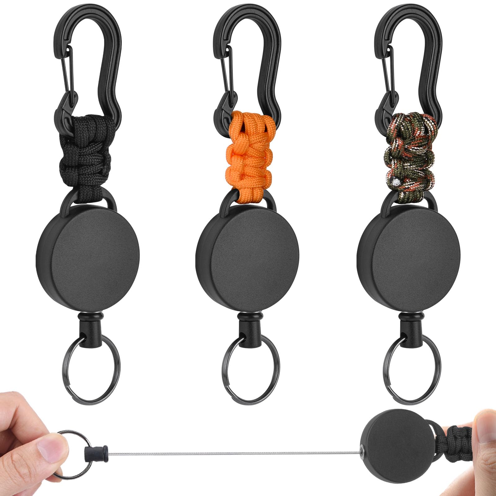Vicloon Retractable Badge Reel, 3Pcs Retractable Keyring, Heavy Duty Carabiner Keychain Reel Clips Extendable Key Chain with 60cm Extendable Steel Wire for ID Card Holder (Carabiner)