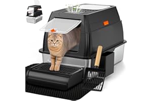 Vivifying Stainless Steel Litter Box with Lid, XL Front Entry Enclosed Extra Large Litter Box for Big Cats & Kitty, Top Exit Metal Cat Pan with Scoop, Mat, Footboard, Charcoal Filter (Black)