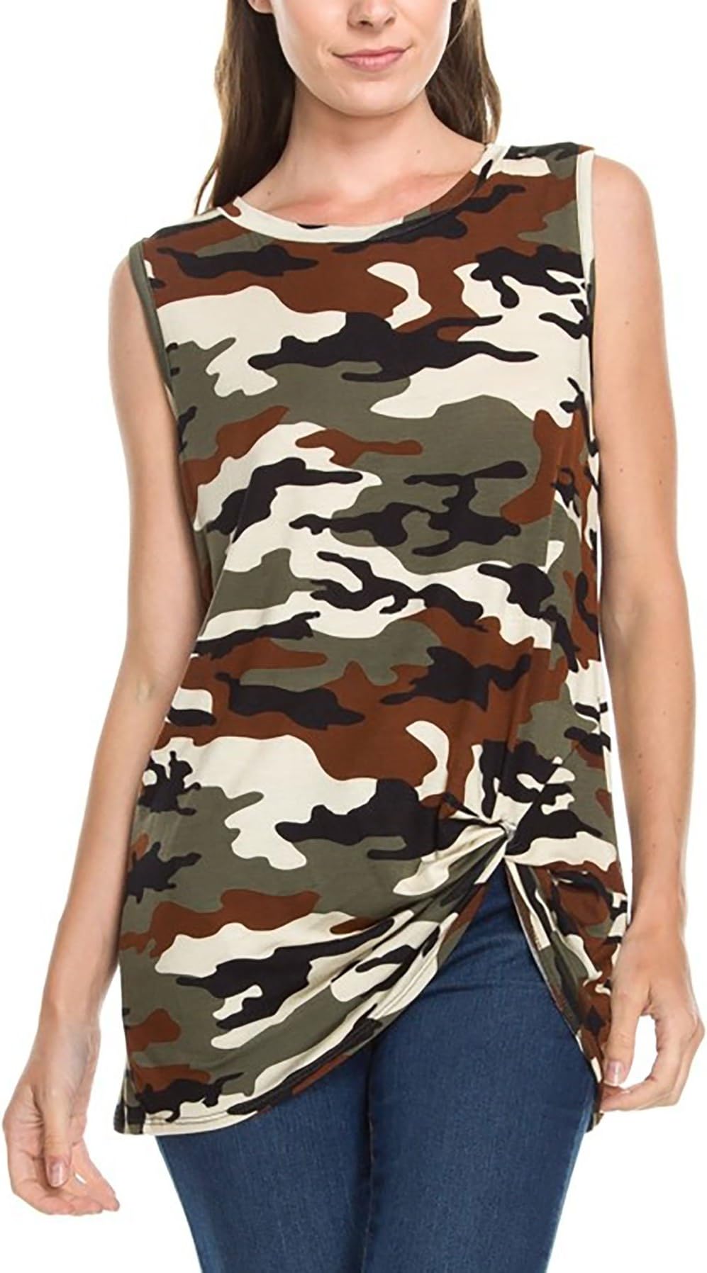 SHOPGLAMLA Camoflauge Print Front Knot Twist Boutique Sleevesless Blouse Top. Made in USA