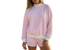 Neavuge Women Oversized Striped 2 Piece Outfits Y2k Mock Neck Long Sleeve Pullover Sweatshirt Shorts Fall Casual Lounge Sets