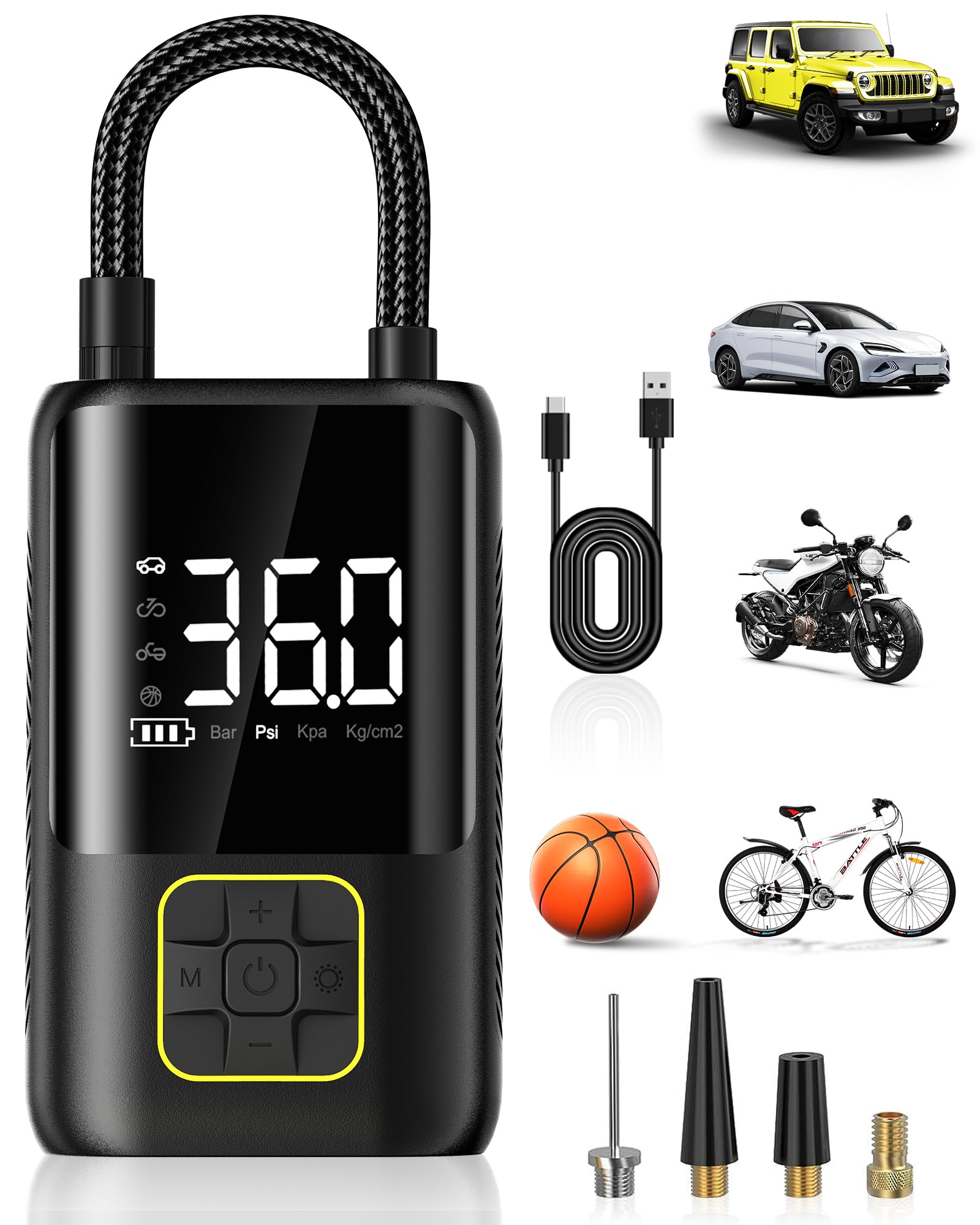 Tire Inflator Portable Air Compressor, 150 PSI Air Pump for Car Tires, One Click Smart Air Pump Tire Inflator for Car, Motorcycle, Bicycle and More with Tire Pressure Gauge