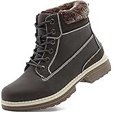 Snow Hiking Winter Boots for Women - Casual Brown Combat Work Boot - Non-slip Fur-Lined Ankle Boots - Fashion Boots Waterproof Leather Shoes