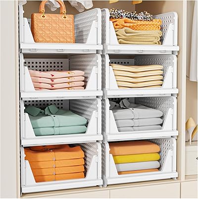 SNSLXH 5 Pack Stapelbar Schrank Kleiderschrank Organizer, Multifunktionale & Faltbare Organizer für Bad Küche Lagerung, Platzsparende Schublade aufbewahrungsbox, Weiß