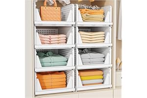 SNSLXH 5 Pack Stackable Closet Storage Basket, Multifunctional & Foldable Closet Organizer for Bathroom Kitchen Laundry Room Wardrobe Storage, Space-Saving Clothes Storage Drawer Organizer, White