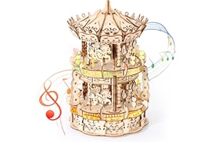 MIEBELY 3D Wooden Puzzles for Adults LED Carousel Music Box - DIY Crafts Model Building Kits for Teens Mechanical Model Stem Project Christmas Toy Gifts for Kids Desk Decor for Boys/Girls Ages 8+