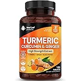 Turmeric Tablets with Black Pepper &amp; Ginger - Curcumin - 180 Turmeric and Black Pepper Tablets (3 Month) High Strength Active Turmeric Supplements Not Capsules, by New Leaf