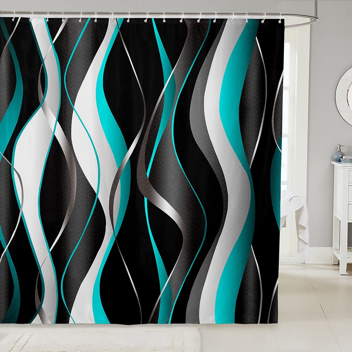 Loussiesd Green Grey Black Fabric Shower Curtains Spiral Pattern Shower Curtain for Kids Boys Girls Abstract Art Bathroom Waterproof Accessories with 12 Hooks Modern Luxury Curtains,72x72 Inch — image 1