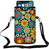 Braytow Neoprene Cell Phone Pouch 7.5 X 4.3 in Cloth Mobile Protection Case Bag with Crossbody Strap Neck Lanyard Cell Phone Case Hippie Flower Printed Pattern