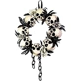 Haunted Hill Farm 15.7-in. Skulls and Chains Wreath - Spooky Halloween Door or Wall Decor, White, Black, and Gray