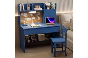 RUPOLX Wooden Blue Kids Study Desk and Chair Set with Light, Charging Station and 2 Drawers, Children Desk with 3 Open Hutch and Shelves, Girls Study Desk for Kids Bedroom-002