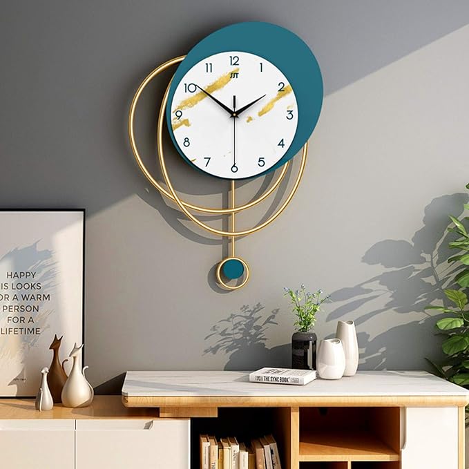 Modern Decorative Pendulum Wall Clock, NonTicking Silent Digital Metal Round