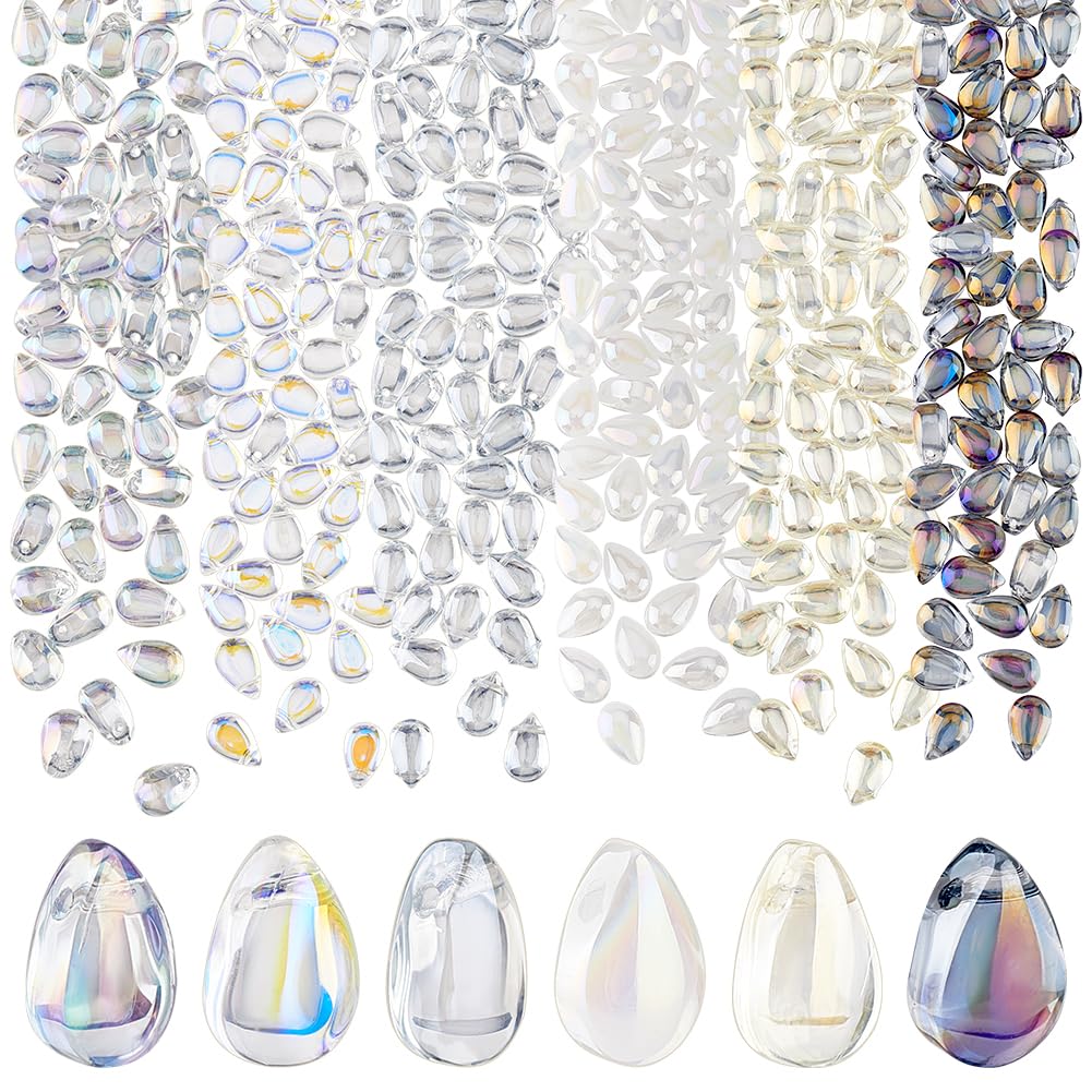 PH PandaHall 240pcs 6 Colors Teardrop Glass Beads, AB Color Crystal Pendant Clear Glass Bead Charms for DIY Jewelry