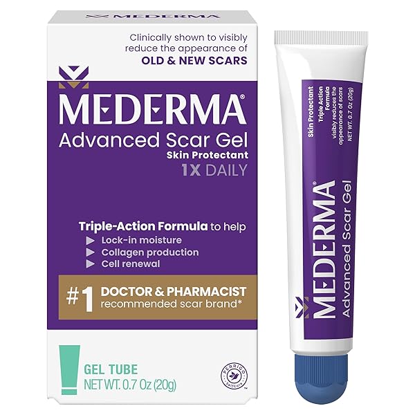 MEDERMA ADVANCED SCAR GEL, TREATS OLD AND NEW SCARS, REDUCES THE APPEARANCE OF SCARS FROM ACNE, STITCHES, BURNS AND MORE, 0.70OZ (20G)