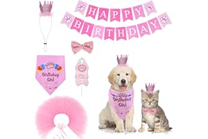 Cozifree Dog Birthday Bandana Girl Boy 6Pcs Birthday Party Supplies - Tutu Skirt Crown Hat Scarf Tie Happy Birthday Banner Cake Topper Decorations Birthday Outfit for Pet Puppy Cat Pink