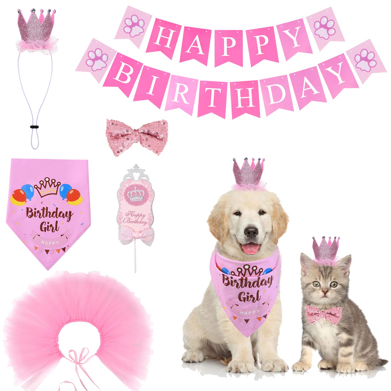 Photo 1 of Cozifree Dog Birthday Bandana - 6Pcs Party Supplies for Girl & Boy - Tutu Skirt, Crown, Hat, Scarf, Tie, Banner, Cake Topper Decorations - Pink