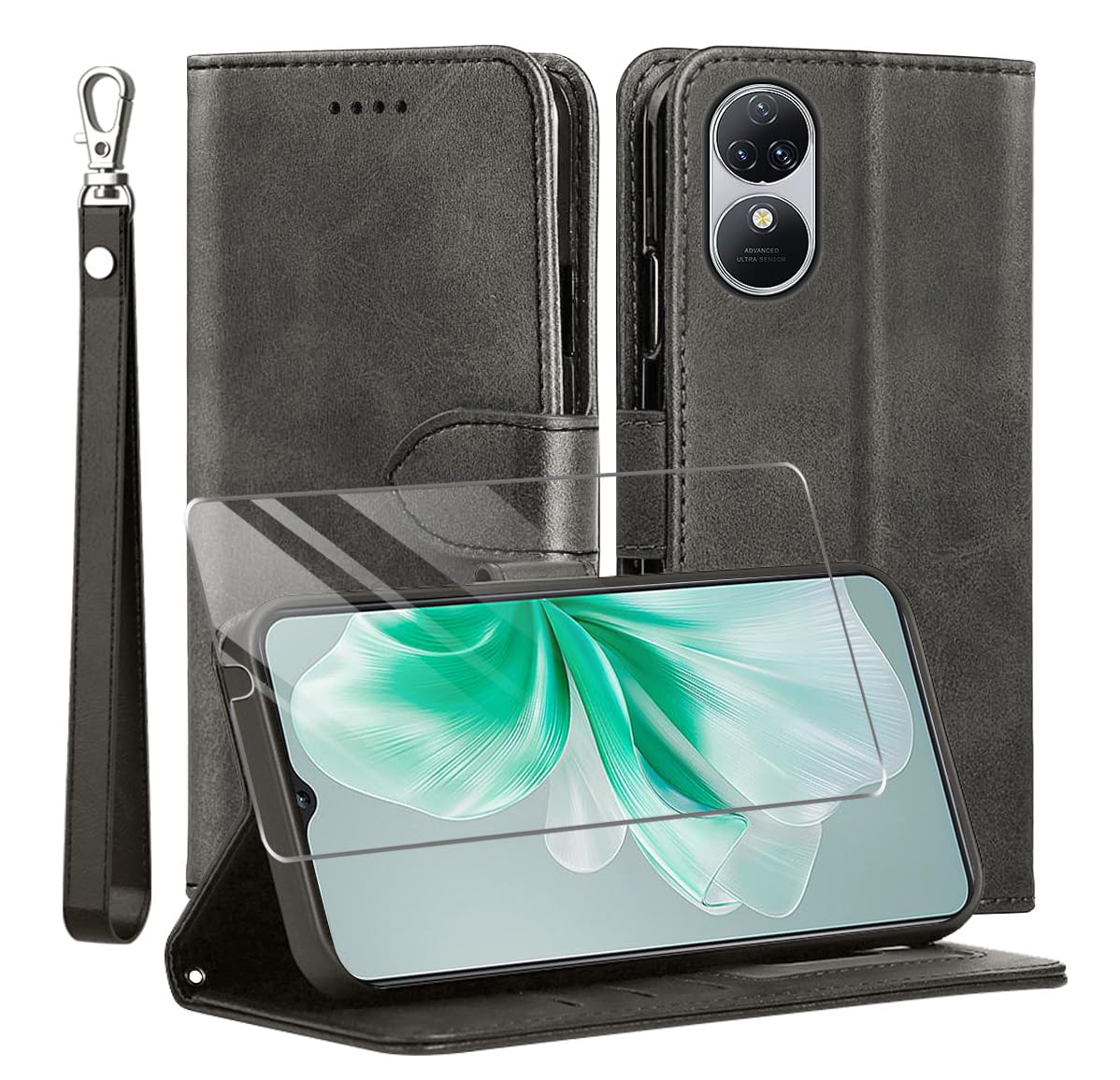 MQERYBV for Oukitel C38 Case and 1 Tempered Glass Screen Protector, Leather Wallet Phone Case with Card Slots Magnetic Closure Kickstand Protective Cover for Oukitel C38 - Black