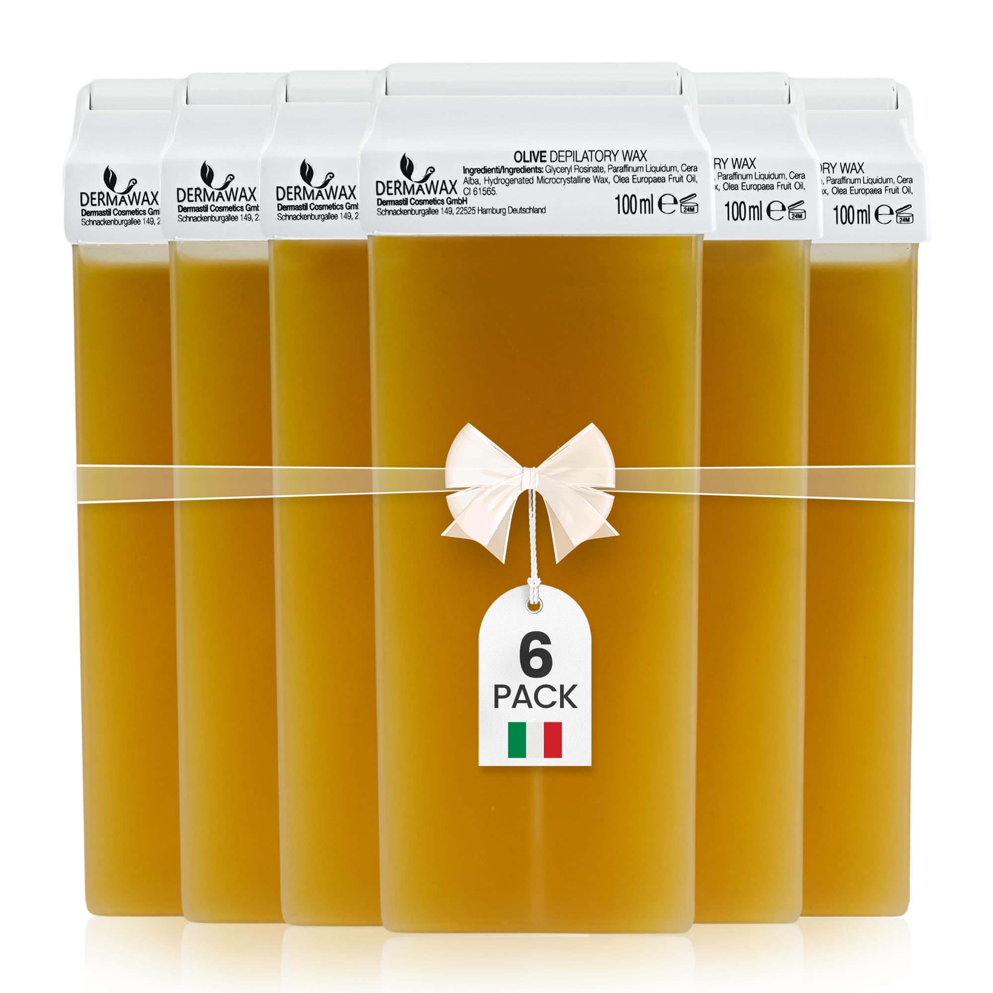 DERMAWAX 6x100ml Olive Roll On Wax Cartridges Refill – Natural Nourishing Soft Wax – For Use with Roll-On Wax Heater & Non-Woven Strips (Not Included) – Legs, Arms, Underarms, Chest & Back