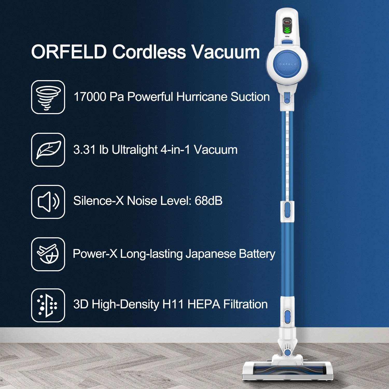 ORFELD Cordless Vacuum, Stick Vacuum Cleaner 4 in 1 with 17000pa Super Suction, Ultra-Lightweight & Quiet Handheld Vacuum for Home Hard Floor Carpet Car Pet(2020 Upgrade) -