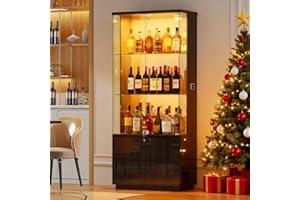 HNEBC 71'' Display Cabinet with Glass Doors&3 Color Lights&Lockable for Bedroom Black,High Gloss Curio Cabinet with Adjustable Glass Shelf 3-Tier Bookcase for Living Room