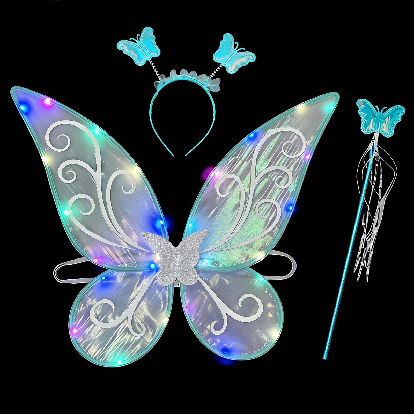 Blue Fairy Wings Kids Adult 60 x 40cm - 18 LED Light up Butterfly Wings Girls with Hairband and Wands - Easter Fairy Costume for Girls Boys Women (Blue)