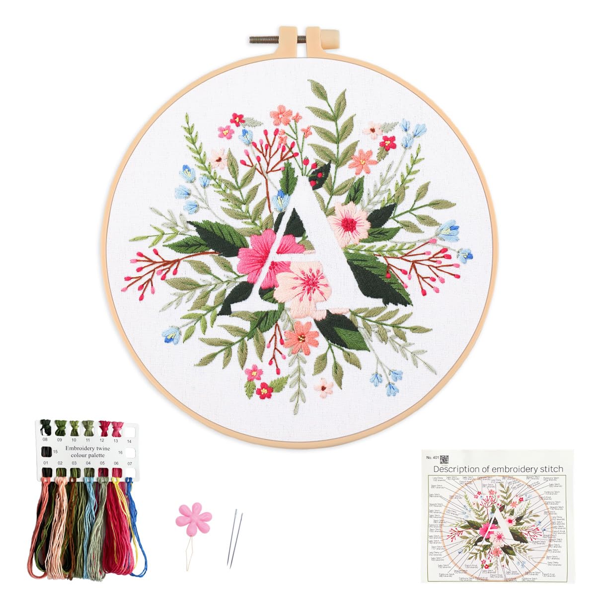 Myfelicity Embroidery Kit for Beginners and Adults, Floral and Lettering Design (A)