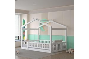 Merax Full Size Wooden House Bed with Fence, Wood Bed Frame with Roof and Safety Guardrail for Kids, Teens, Boys or Girls, 57" L x 62.9" W x 79.5" H, White