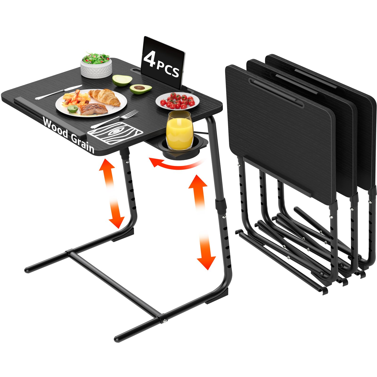 Photo 1 of *MINOR DAMAGE - USED*
TV Trays Set of 4 - Folding TV Tray Adjustable Dinner Trays for Eating On Couch Wooden Tables Mate Stand Foldable Black Desk with Cup Holder Portable