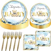 96PCS Bear Baby Shower Supplies Bear Plates and Napkins Tableware Set We Can Bearly Wait Baby Shower Decorations for Boy Girl