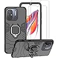 ZMONE Phone Case for Xiaomi Redmi 12C Case with Glass Screen Protector [2 Pack] Heavy Duty Dual Layer Military Grade Shockproof Protective Cover with Magnetic Ring Kickstand - Black