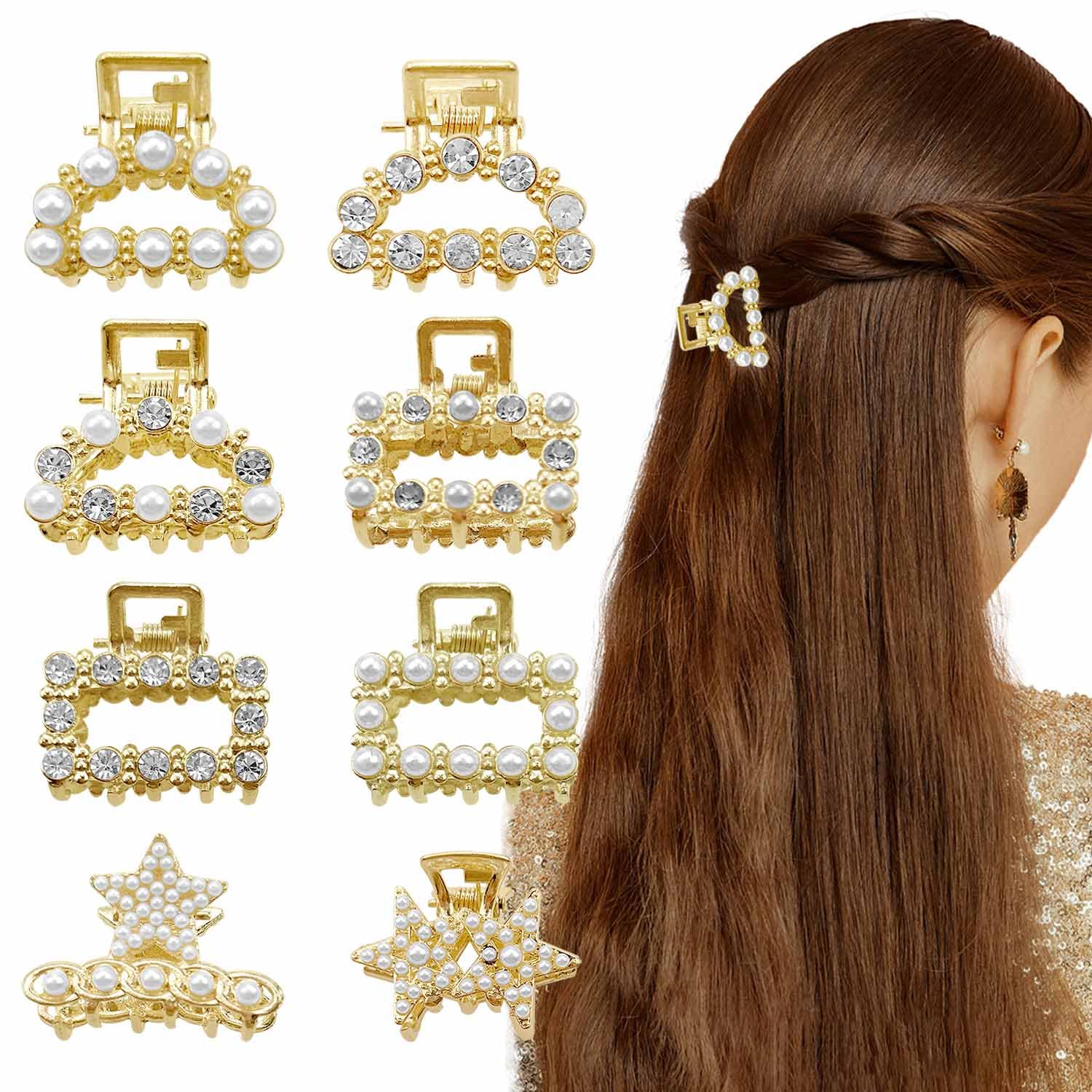 8 PCS Pearl Mini Claw Clips,Gold Mini Hair Clips Crystal Rhinestone Small Hair Clips,Non Slip Clips Styling Hair Accessories for Women and Girls