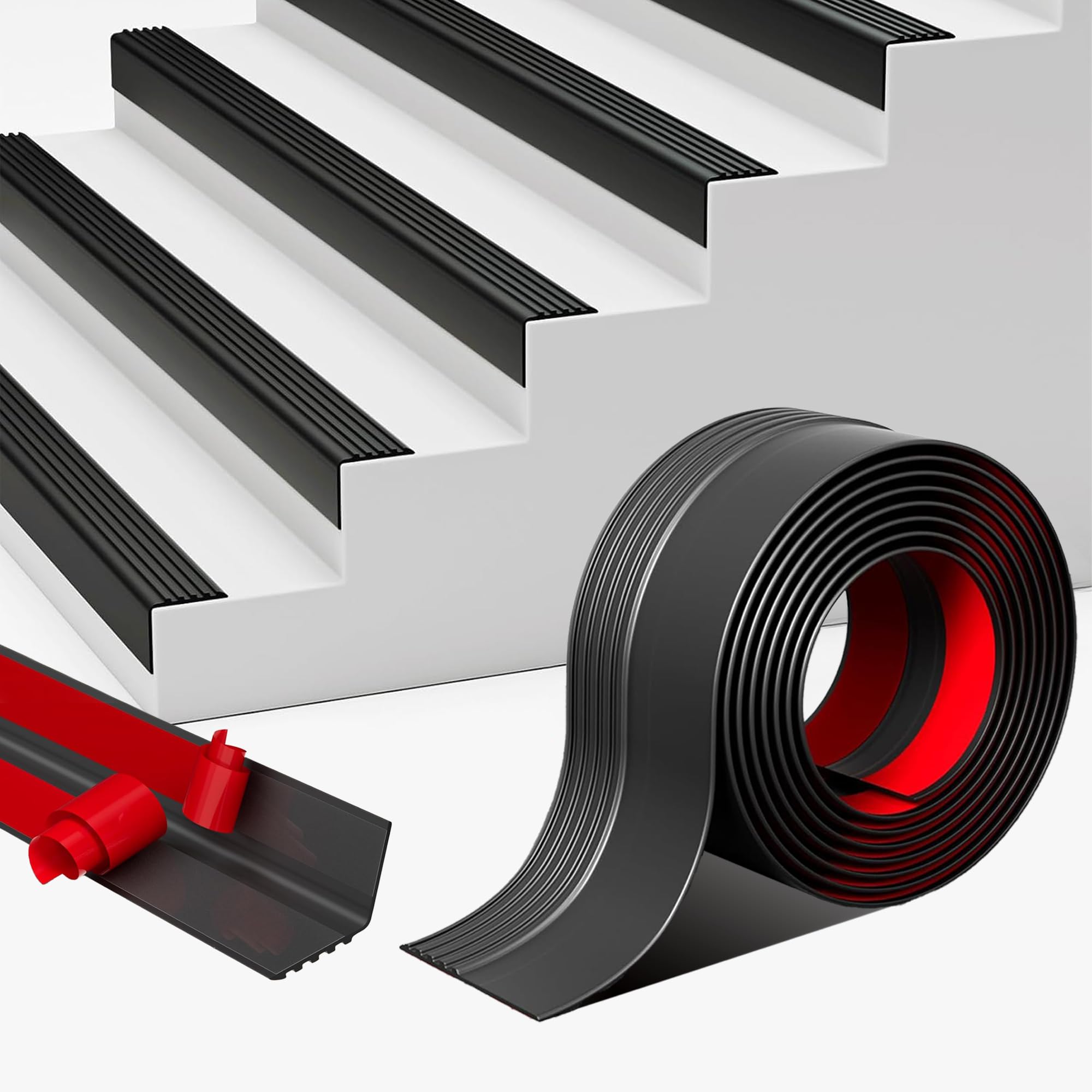 Photo 1 of Vinyl Stair Nosing, Stair Edge Trim, Stair Edge Protector, Non-Slip Self Adhesive Stair Edge Protector Suitable for Indoor/Outdoor Stairs, Easy to Install, Non-Slip and Waterproof (Black, 40FT)