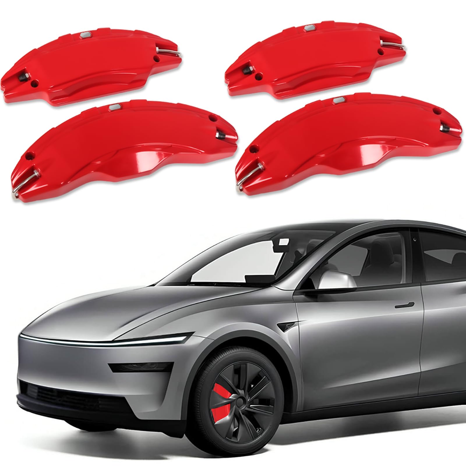 Photo 1 of Brake Caliper Covers Compatible with Tesla Model Y Juniper 2025-2026, 19 20 inch Front and Rear Brake Wheel Hub Brake Caliper Covers 4 Pcs for Model Y Juniper Accessories Red
